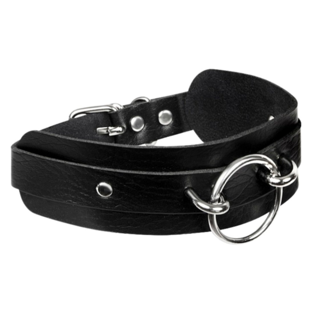 Antkaklis „O-Ring Front Collar Black Silver“ - Kinky Diva