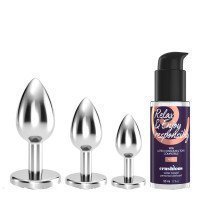 Analinių kaiščių ir lubrikanto rinkinys „Bijou Anal Wet Train Trio Silver“