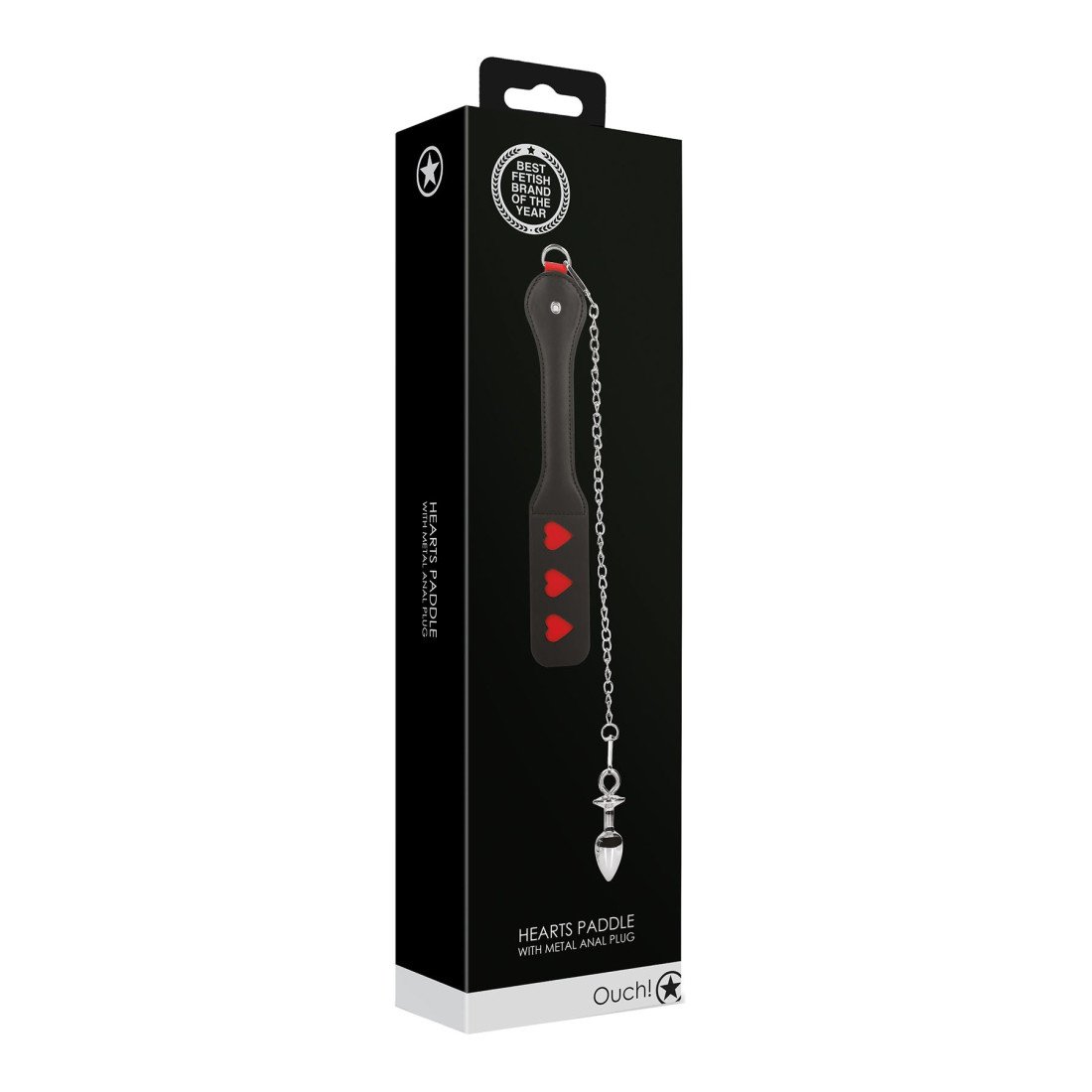 Plakimo mentė - analinis kaištis „Hearts Paddle with Metal Anal Plug“ - Ouch!