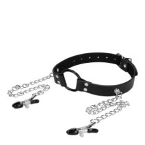 Spenelių spaustukai - burnos kaištis „O-Ring Gag with Nipple Clamps“ - Ouch!