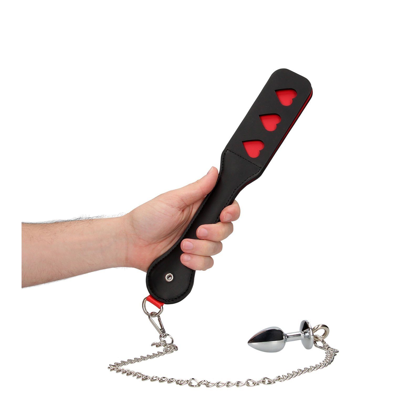 Plakimo mentė - analinis kaištis „Hearts Paddle with Metal Anal Plug“ - Ouch!