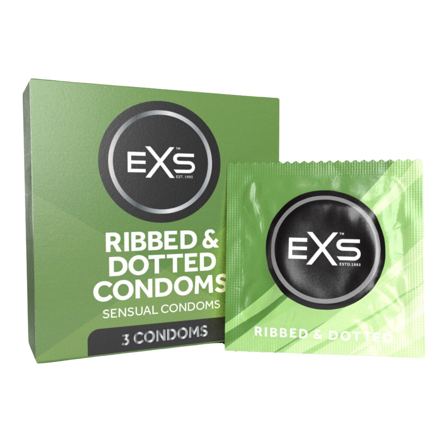 Stimuliuojantys prezervatyvai „Ribbed & Dotted“, 3 vnt. - EXS Condoms Stimuliuojantys prezervatyvai „Ribbed & Dotted“, 3 vnt. - EXS Condoms