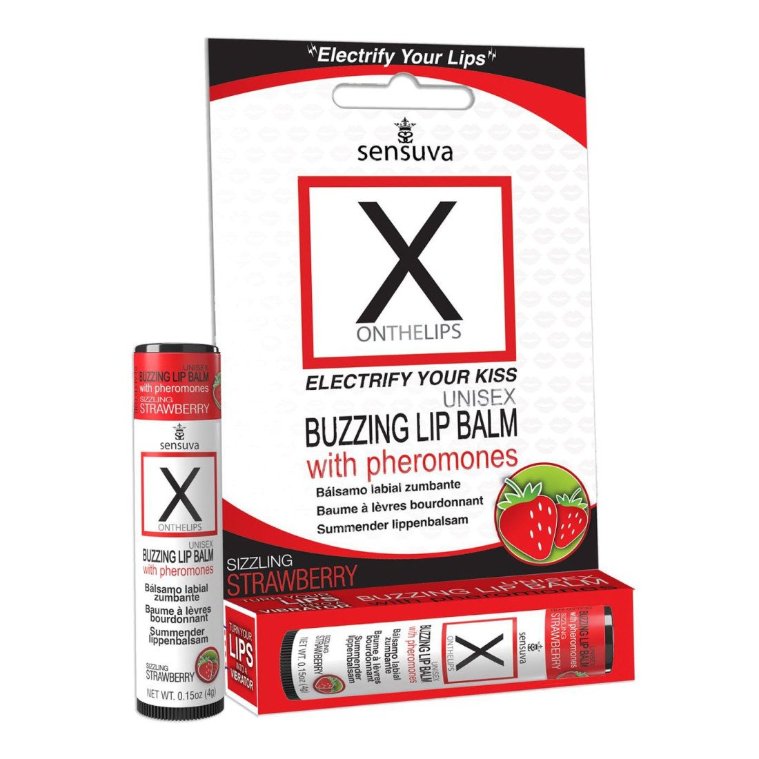 Stimuliuojantis lūpų balzamas su feromonais „X ON the Lips Sizzling Strawberry“ - Sensuva