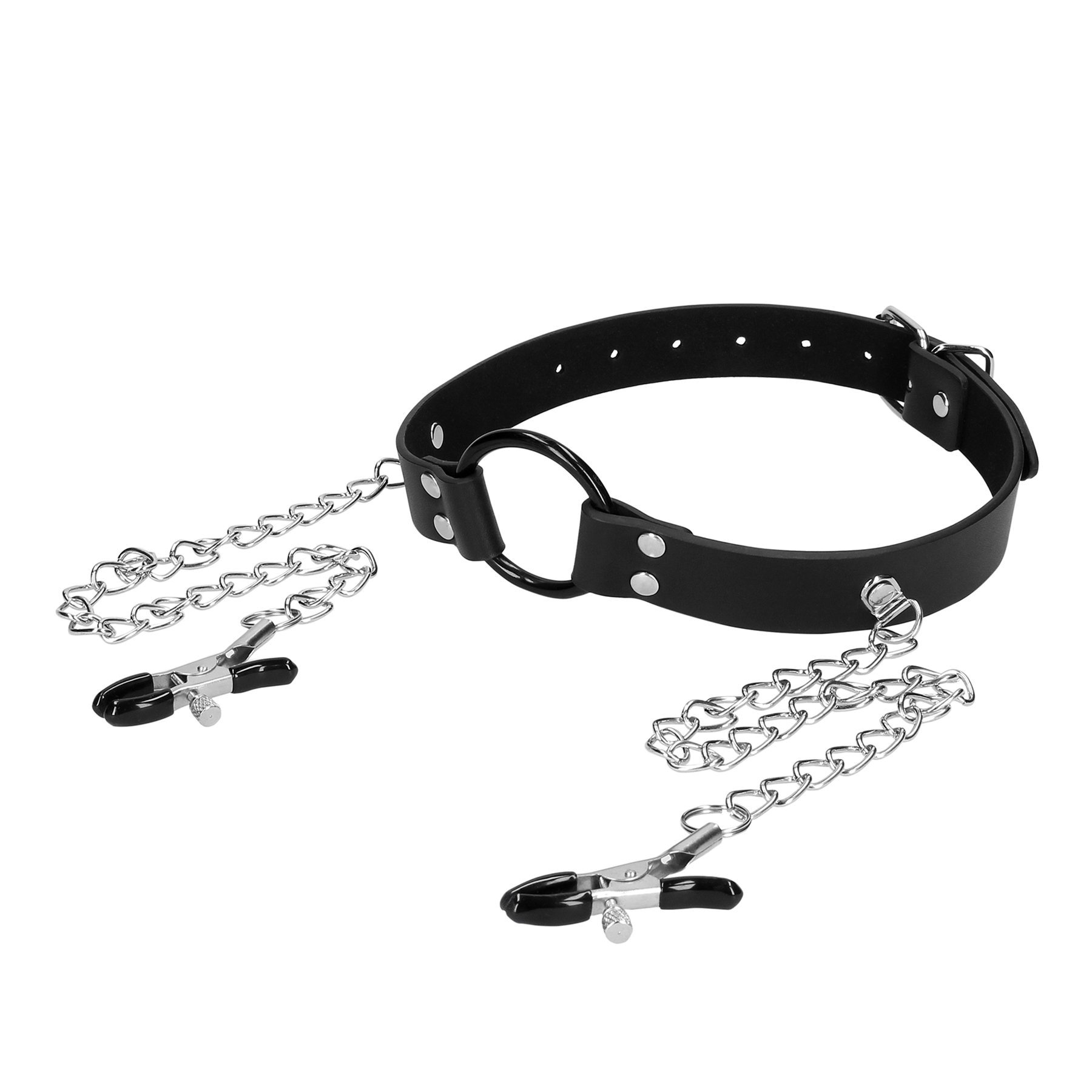 Spenelių spaustukai - burnos kaištis „O-Ring Gag with Nipple Clamps“ - Ouch!