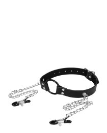 Spenelių spaustukai - burnos kaištis „O-Ring Gag with Nipple Clamps“ - Ouch!