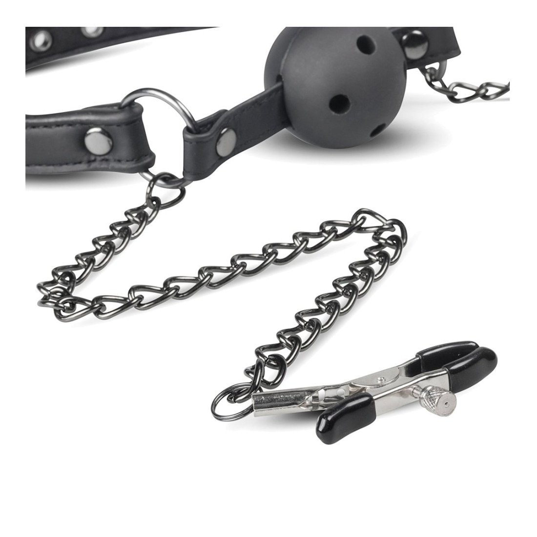 Burnos kaištis su spenelių spaustukais „Ball Gag & Nipple Clamps“ - EasyToys